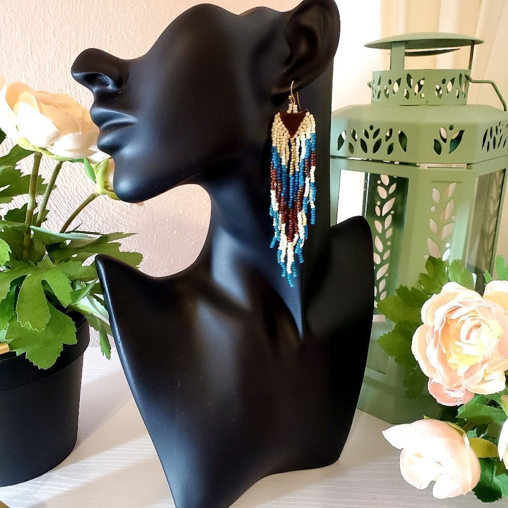 𝅺FALLING Sky Blue Tri-Color Seed Bead Fringe Earrings